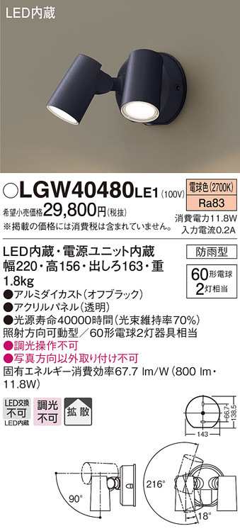 送料無料) パナソニック LGW40480LE1 スポットライトセンサ無ブラック