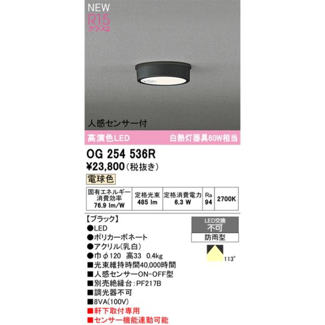 オーデリック OG254536R 軒下用シーリングライト 白熱灯器具60W相当 人感センサーON-OFF型 電球色 ブラック 防雨型 ODELIC_1