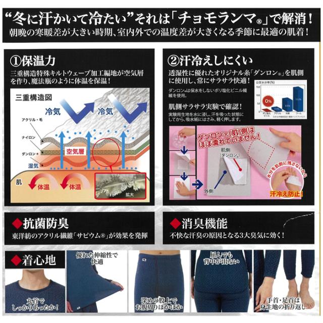 ひだまり チョモランマ QMS922 紳士長袖丸首シャツ Lサイズ ネイビー 身長(参考)175〜185用 ネービー メンズ 肌着 保温 インナー 防寒着  抗菌 防臭 ダンロン サピウム 作業着 Chomolungma_10