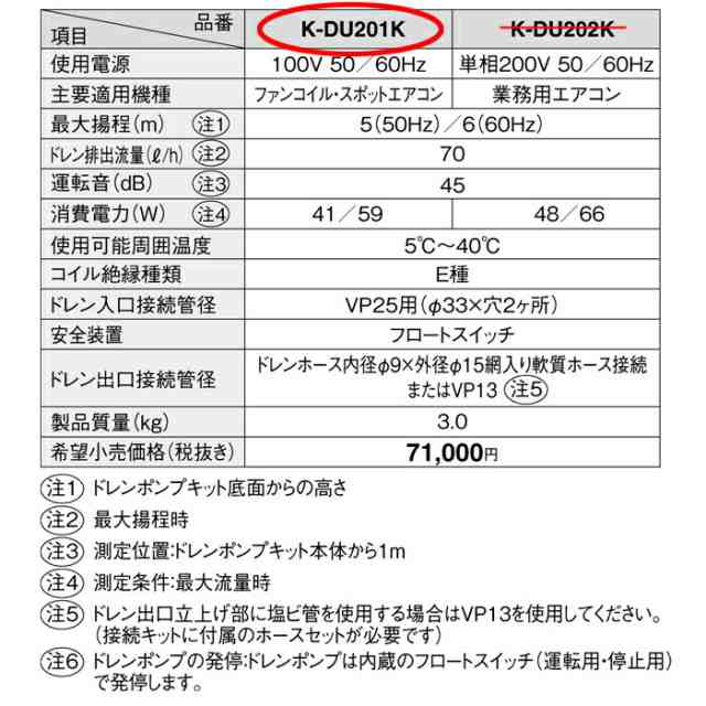 オーケー器材 K-DU201K ドレンポンプキット 5/6m 中揚程用 (K-DU201Hの後継品)の通販はau PAY マーケット -  住設と電材の洛電マート | au PAY マーケット－通販サイト