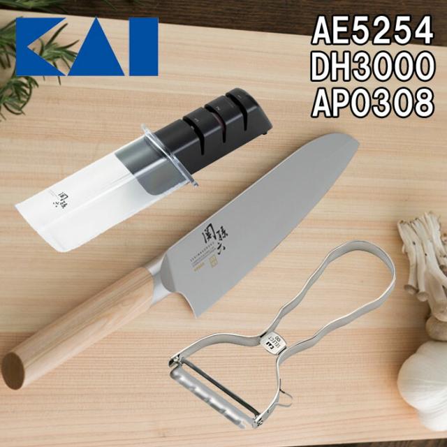 貝印 AE-5254・DH-3000・AP-0308 関孫六 10000CL 三徳 165mm・T型ピーラー・ダイヤモンド&セラミックシャープナー 3点セット