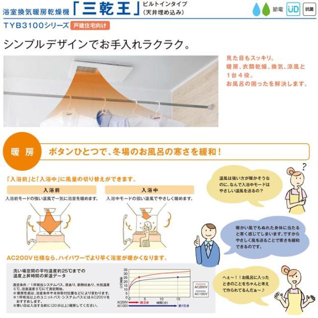 TOTO TYB3121GAS 天井埋め込み 浴室換気暖房乾燥機 三乾王 1室換気 200V ビルトインタイプ ホワイト トートー_1