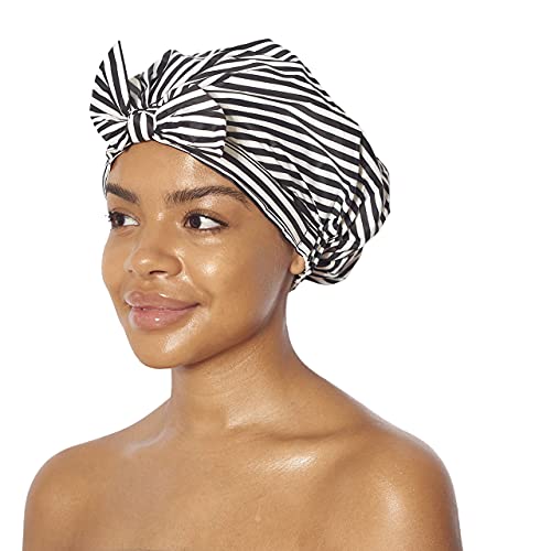 Kitsch 女性用高級シャワーキャップ - 防水、再利用可能なシャワーキャップ（ブラックとホワイトのストライプ）