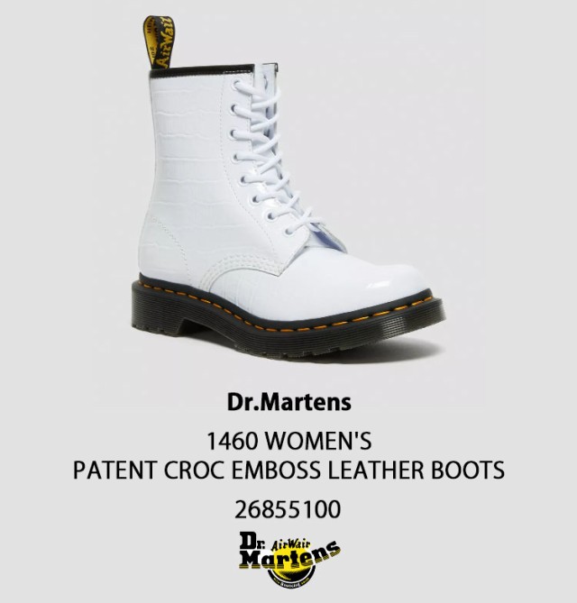 Dr.Martens ドクターマーチン 8ホールブーツ レザー 1460 WOMEN’S PATENT CROC EMBOSS LEATHER  BOOTS 26855100 WHITE PATENT LAMPER CRO