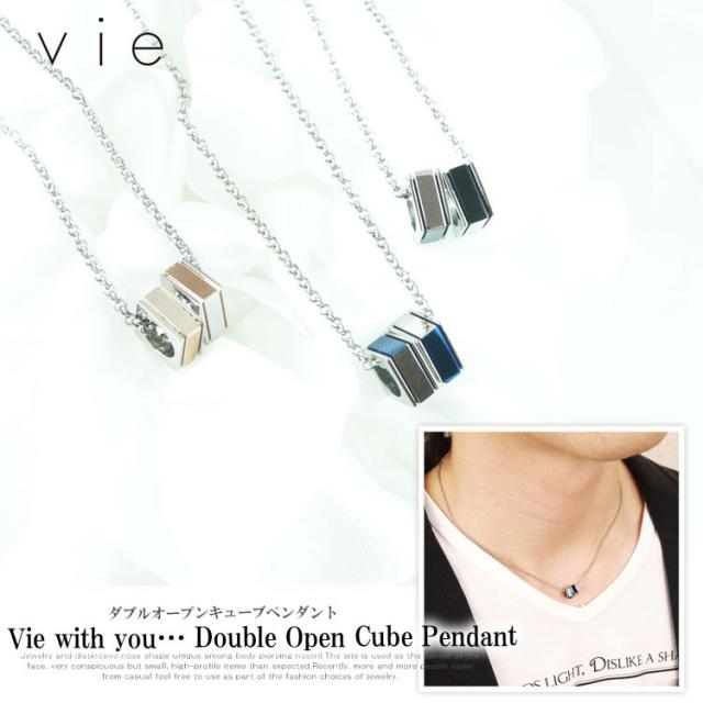 ステンレスネックレス vie ダブルオープンキューブペンダント ネックレスチェーン付 ピンクゴールド ブルー ブラック バイカラー の通販は