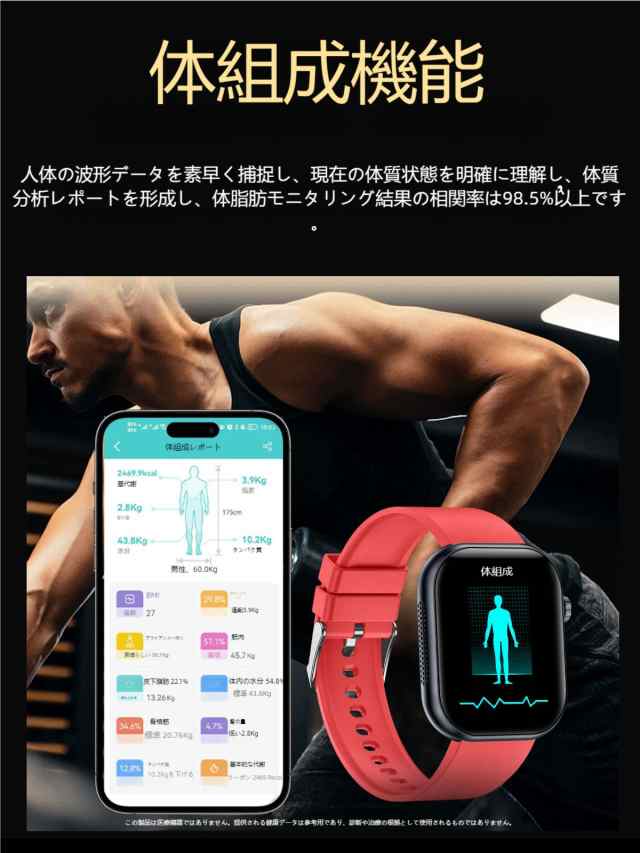 スマートウォッチ 1.96インチ大画面 ECG心電図 血糖値測定 体温