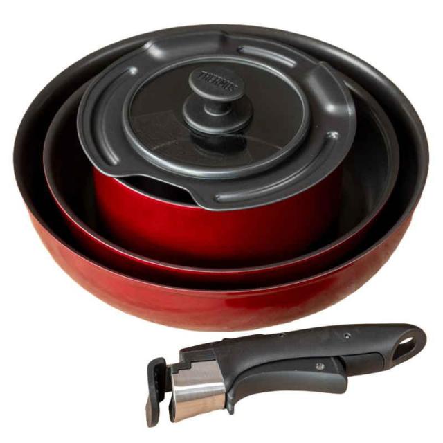 即納在庫品 サーモス（THERMOS） 取っ手のとれるフライパン５点セットDA KSD-5A DR ディープレッド 22cm 26cm 18cm IH ガス 鍋用フタ付き KSD-5A DR