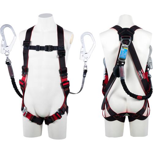 ■TSUYORON レヴォハーネス ダブルランヤード付き ロック機構付き巻取式ワン・ハンドリトラ+伸縮式ノビロン(BK) 黒・赤 Mサイズ〔品番:TH508OHNV93SVOTBKRM2R23BX〕【1633429:0】[店頭受取不可]