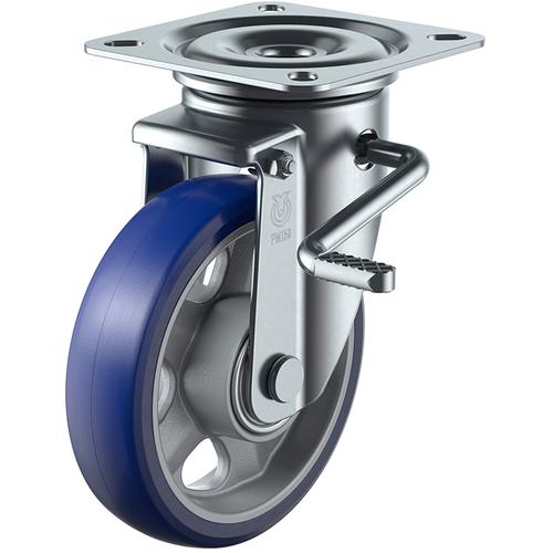 ■ユーエイ プレート式 自在 キャスター プレミアムウレタン 車輪径150mm ストッパー付き PMタイプ PMS-LB(R)型 取付寸法94×94(87×87)〔品番:PMS150APULBR〕【1950687:0】[店頭受取不可]