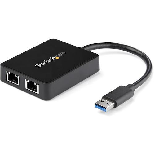 ■StarTech LANアダプター/USB 3.0/2x RJ45/10/100/1000 Mbps/ブラック〔品番:USB32000SPT〕【4931391:0】[店頭受取不可]