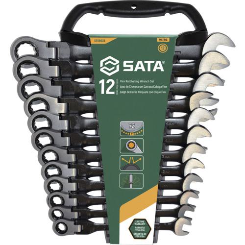 ■SATA 首振コンビネーションラチェットレンチセット 黒(12点)〔品番:ST08033〕【6793450:0】[店頭受取不可]
