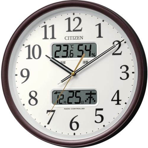 ■シチズン 電波時計 壁掛け時計 温湿度計付き カレンダー付 連続秒針 茶 Φ350×56mm〔品番:8FYA06006〕【6892331:0】[店頭受取不可]