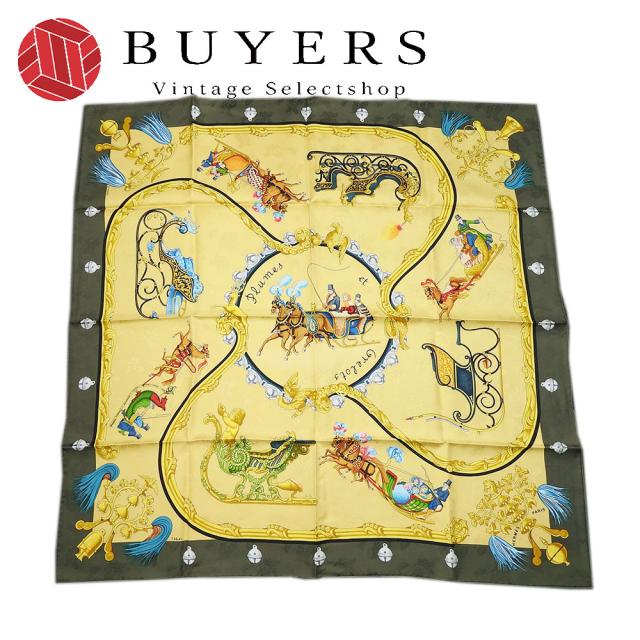 中古  エルメス スカーフ カレ90 シルク100％ Plumes et Grelots 羽飾りと鈴 グリーン ベージュ系 おしゃれ 小物 レディース 女性 HERMES CARRE90 scarf silk green beige