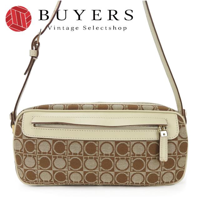 中古  Salvatore Ferragamo サルヴァトーレフェラガモ AU-21-3323 ハンドポーチ ショルダー バッグ ガンチーニ レザー 革 キャンバス ブラウン ベージュ shoulder bag Canvas leather beige brownの通販は