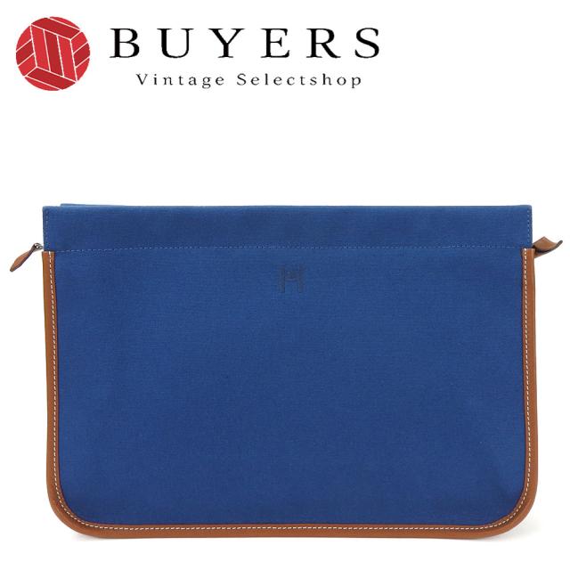 中古 エルメス クラッチバッグ キャンバス レザー 革 ネイビー ブラウン 普段使い レディース 女性 HERMES clutch bag blue