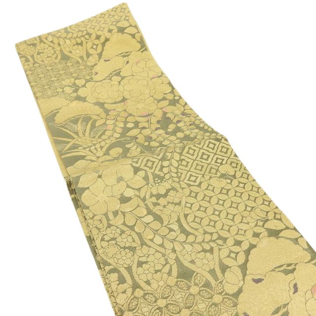 中古 袋帯 辻ヶ花 金地 ゴールド グリーン 両面 六通柄 フォーマル用