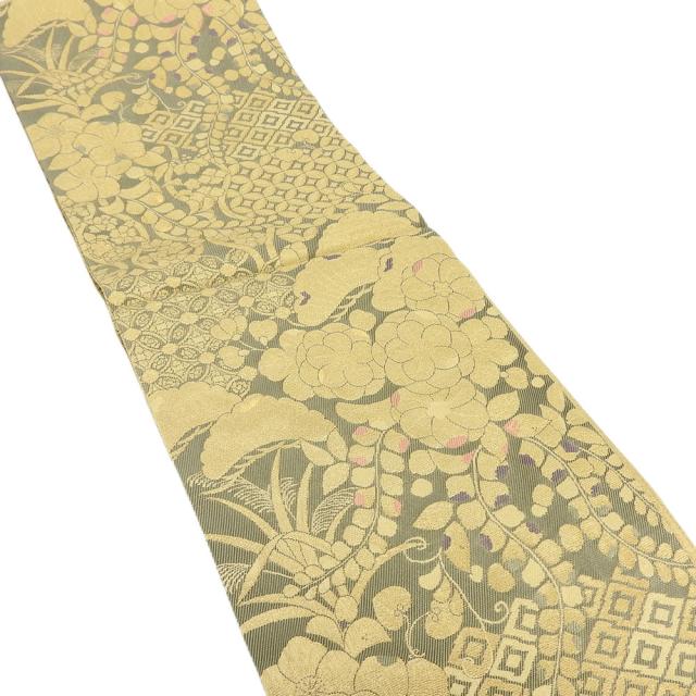 中古 袋帯 辻ヶ花 金地 ゴールド グリーン 両面 六通柄 フォーマル用