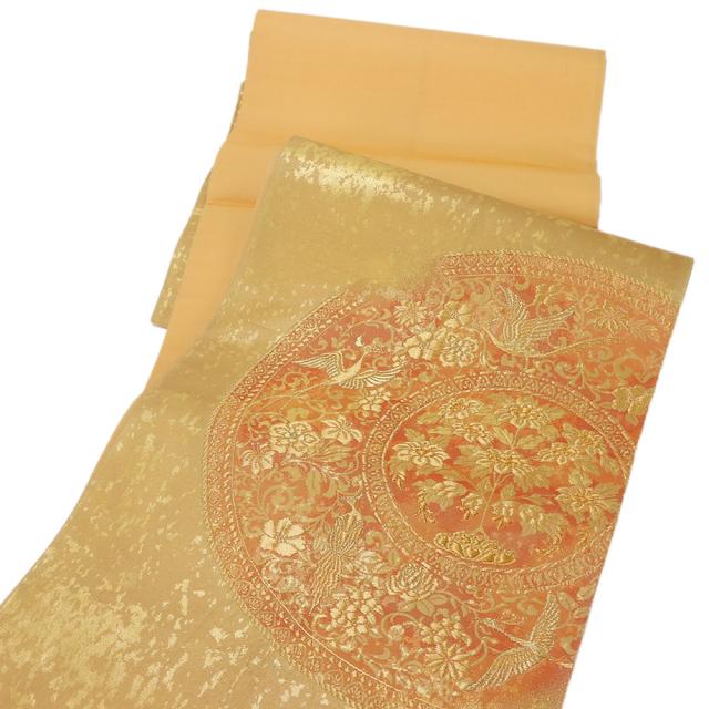 中古 袋帯 鏡裏文 金地 ゴールド イエロー オレンジ 引き箔 お太鼓柄