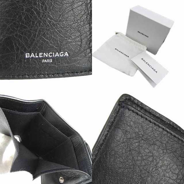 中古 BALENCIAGA バレンシアガ 477455 クラシック ミニウォレット コンパクト財布 小銭入れ付き レザー ブラック レディース 女性 黒 