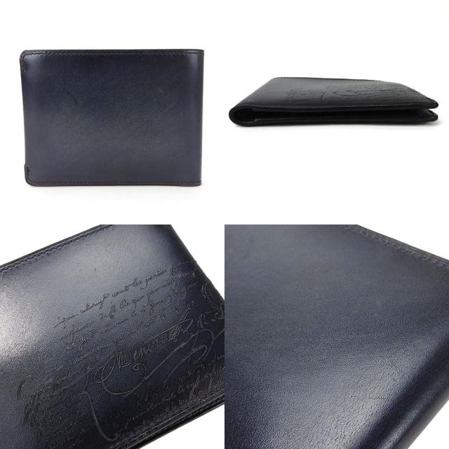 中古 ベルルッティ 二つ折り 札入れ 財布 コンパクト ウォレット マコレ スクリットレザー カリグラフィ パティーヌ E0148 ネイビー系 レザー 革 シック 小物 メンズ 男性 Berluti Wallet Leather makore