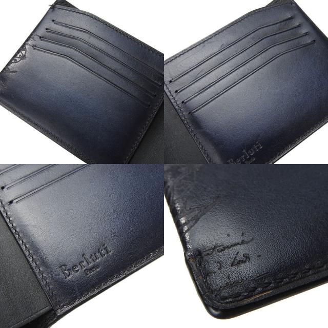 中古 ベルルッティ 二つ折り 札入れ 財布 コンパクト ウォレット マコレ スクリットレザー カリグラフィ パティーヌ E0148 ネイビー系 レザー 革 シック 小物 メンズ 男性 Berluti Wallet Leather makore