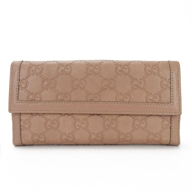 中古 グッチ Wホック長財布 二つ折り グッチシマ GG ピンクベージュ系