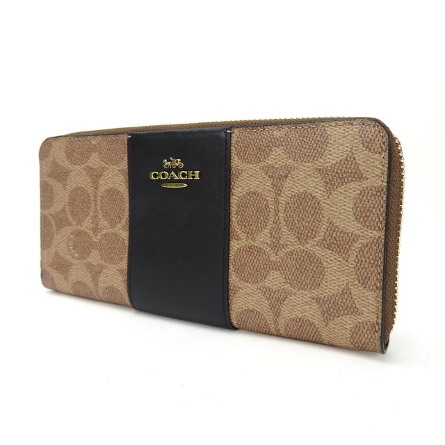 中古 コーチ 長財布 73739 シグネチャー PVC レザー ブラウン タン|ブラック ラウンドファスナー レディース 女性 COACH_1