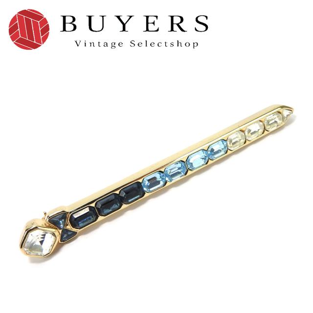 中古 クリスチャンディオール ブローチ メタル ゴールド ブルー系 クリア ゴールド金具 メッキ ラインストーン リボン レディース 女性 Christian Dior