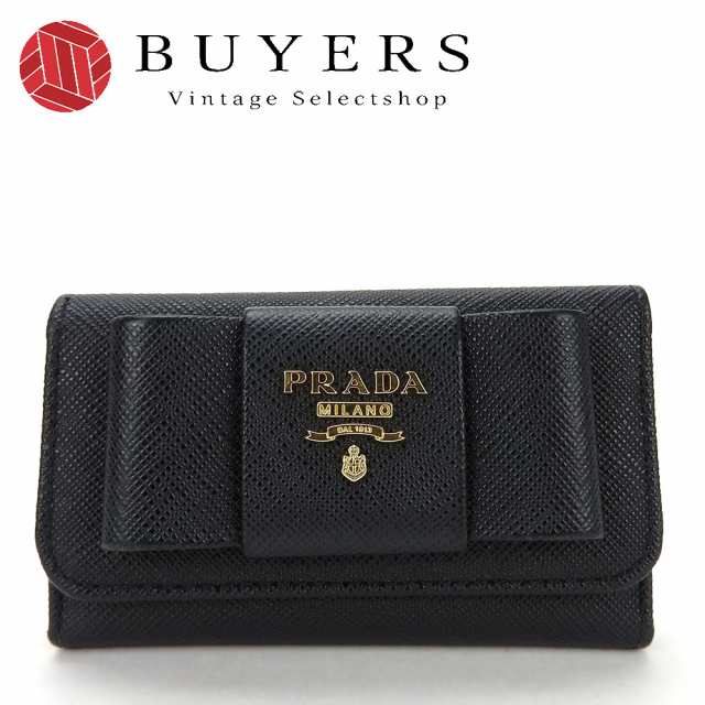 中古 プラダ キーケース 1PG222 サフィアーノ サフィアーノ NERO ブラック ゴールド金具 リボン 6連 レディース 女性 PRADA