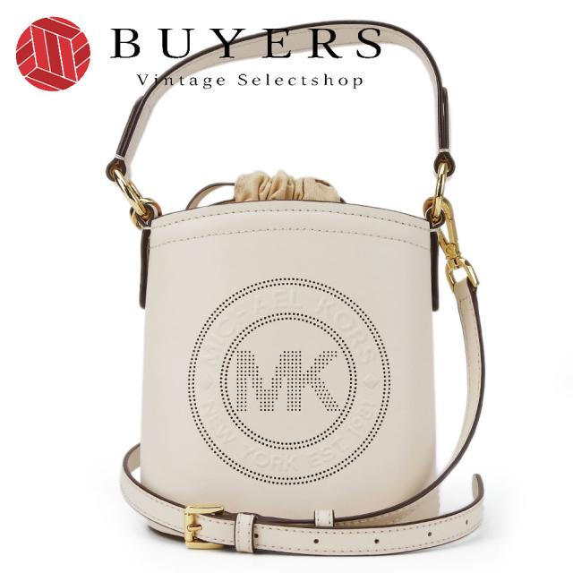 中古 マイケルコース ショルダーバッグ 35T1GUWC5I レザー キャンバス アイボリー ブラウン ゴールド金具 2WAY 巾着型 スモールバケット レディース 女性 Michael Kors