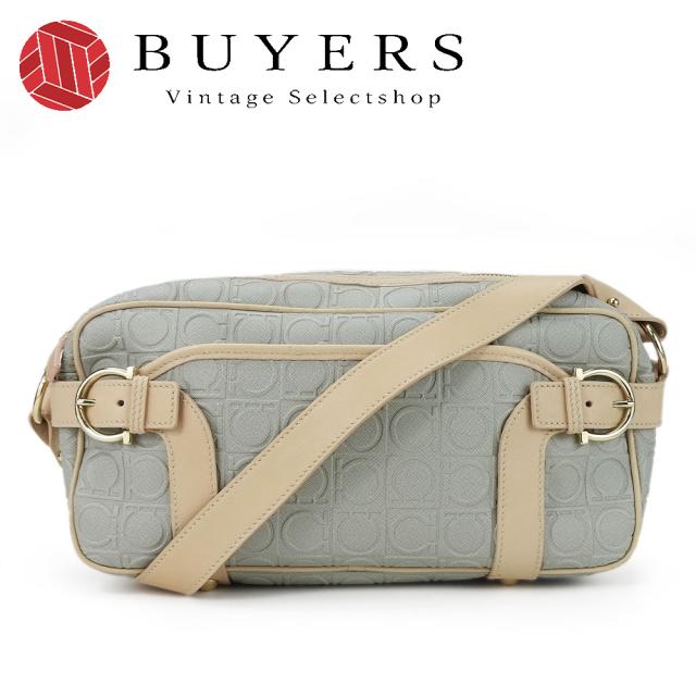 中古 サルヴァトーレフェラガモ ショルダーバッグ D21 4912 ガンチーニ PVC レザー グレー系 ベージュ ゴールド金具 斜め掛け カジュアル レディース 女性 Salvatore Ferragamo