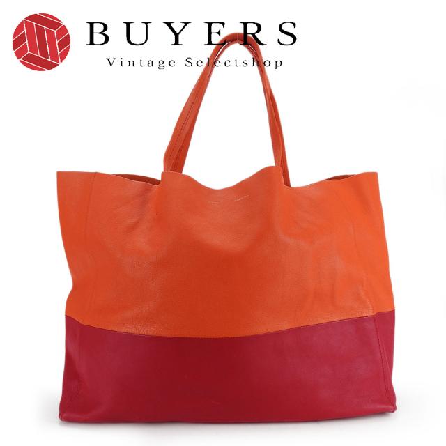 中古 セリーヌ トートバッグ ホリゾンタルカバ 169263EBT レザー オレンジ レッド ゴールド金具 肩掛け 大容量 バイカラー レディース 女性 CELINE