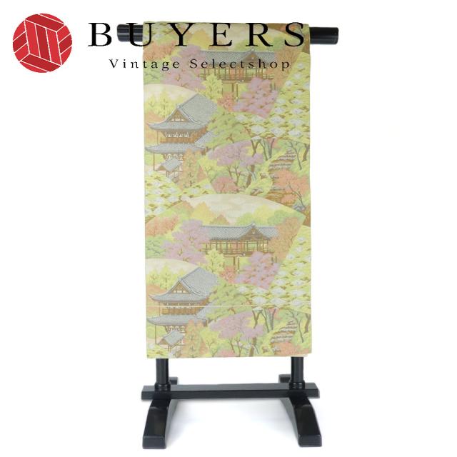 【中古】袋帯 風景柄 寺院 春 桜 グリーン 薄ピンク パステルカラー フォーマル用 六通柄 正絹 シルク レディース 女性 和装 呉服 着物