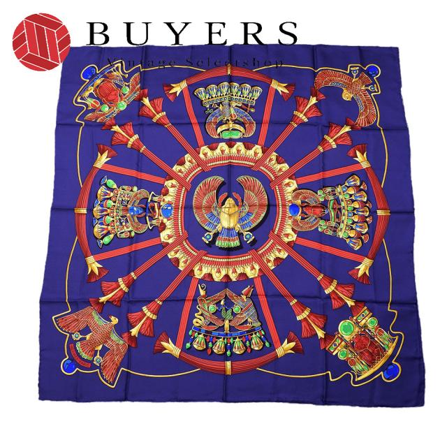 中古 エルメス スカーフ カレ90 シルク パープル系 ベルフラワー レッド casy スカラベ柄 レディース 女性 HERMES