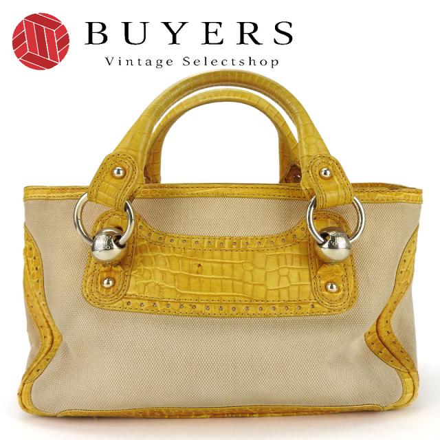 中古 セリーヌ ハンドバッグ ブギーバッグ キャンバス レザー イエロー ベージュ ゴールド金具 型押し カジュアル 普段使い レディース 女性 CELINE