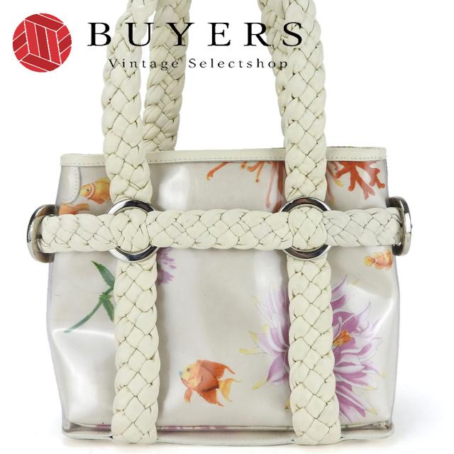 中古 サルヴァトーレフェラガモ ハンドバッグ EX-21 5362 サテン ビニール レザー アイボリー マルチカラー シルバー金具 花 魚 レディース 女性 Salvatore Ferragamo
