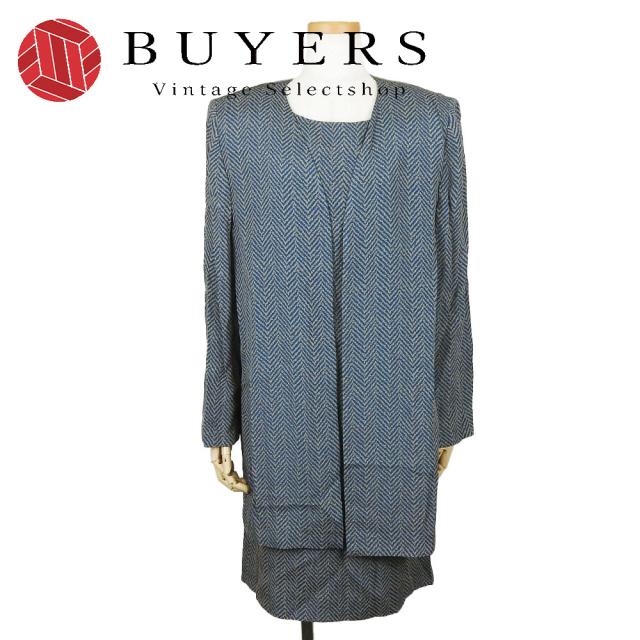 中古 イヴ・サンローラン アンサンブル 36 アセテート レーヨン グリーン系 ベージュ ワンピース ジャケット ヘリンボーン レディース 女性 YVES SAINT LAURENT