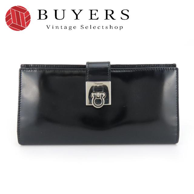 中古 サルヴァトーレフェラガモ 長財布 IE229238 ガンチーニ カーフ ブラック シルバー金具 二つ折り シンプル 上品 レディース 女性 Salvatore Ferragamo