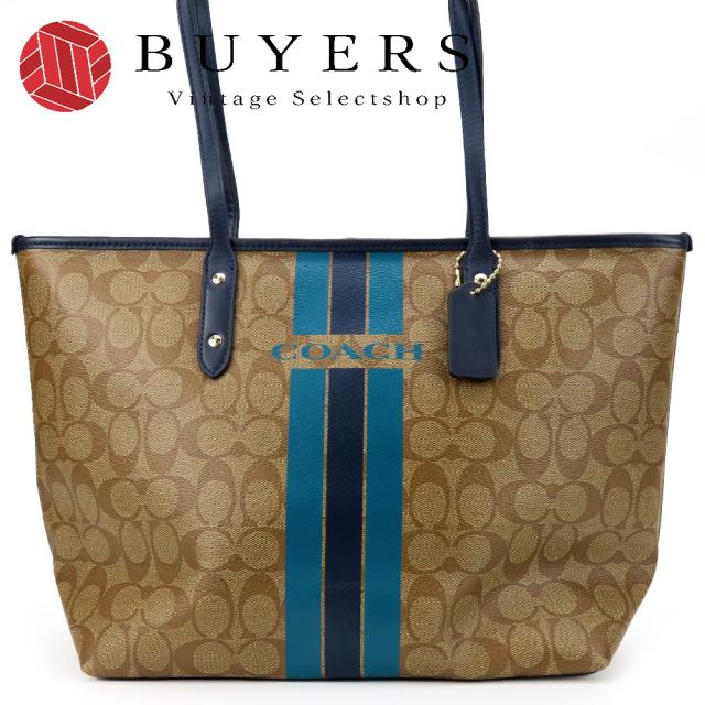 中古 コーチ トートバッグ F38405 ヴァ—シティストライプ シグネチャー レザー PVCコーティングキャンバス カーキ ネイビー ブルー ゴールド金具 肩掛け A4対応 カジュアル レディース 女性 COACH