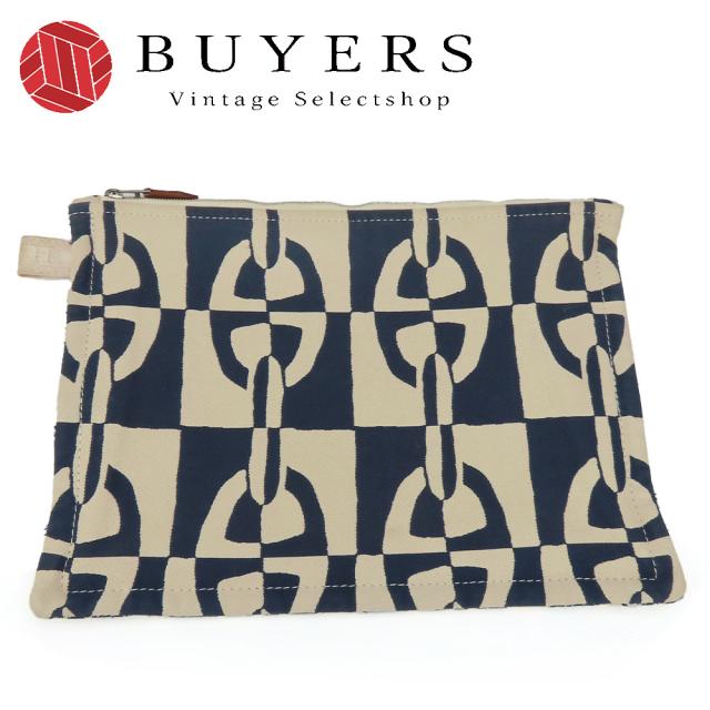 中古 エルメス ポーチ トゥルースフラットGM シェーヌダンクル キャンバス ネイビー アイボリー シルバー金具 クラッチバッグ 化粧ポーチ レディース 女性 HERMES