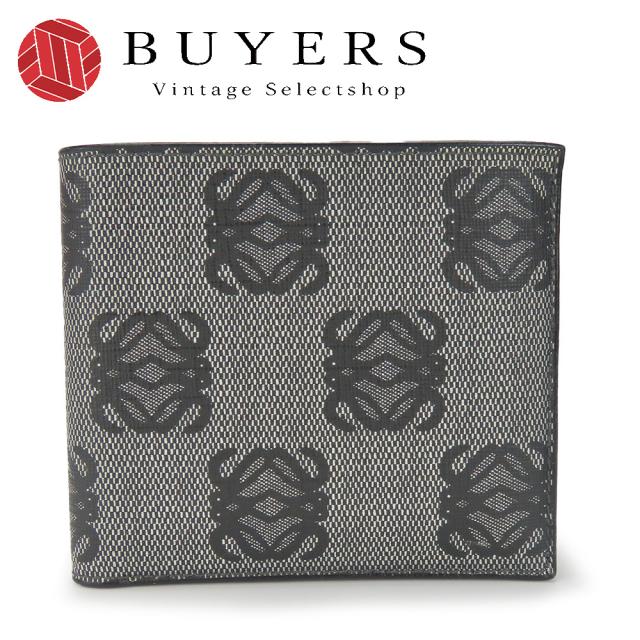 中古 ロエベ 二つ折り財布 アナグラム レザー PVC グレー ブラック カード 総柄 札入れ メンズ 男性 LOEWE