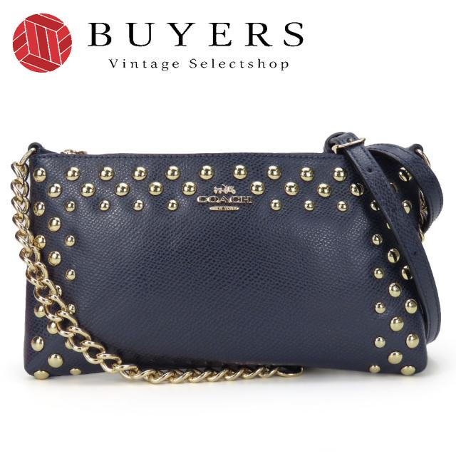 中古 コーチ ショルダーバッグ F53140 スタッズ レザー ネイビー ゴールド金具 チェーン 斜め掛け ポシェット レディース 女性 COACH