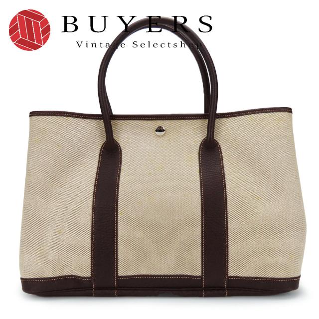 中古 エルメス ハンドバッグ ガーデンパーティPM キャンバス レザー ベージュ系 ダークブラウン シルバー金具 □Ｉ刻印　 カジュアル 普段使い レディース メンズ HERMES