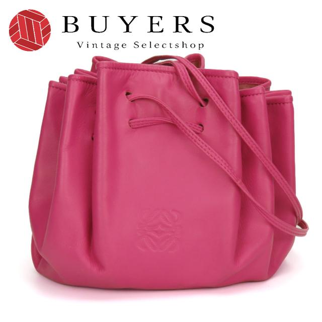 中古 ロエベ ショルダーバッグ アナグラム ナッパレザー ピンク ゴールド金具 巾着 肩掛け ポーチ付き レディース 女性 LOEWE