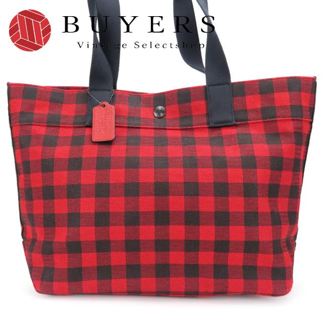 中古 コーチ トートバッグ F39848 キャンバス レザー レッド ブラック シルバー金具 肩掛け ギンガムチェック柄 カジュアル レディース 女性 COACH