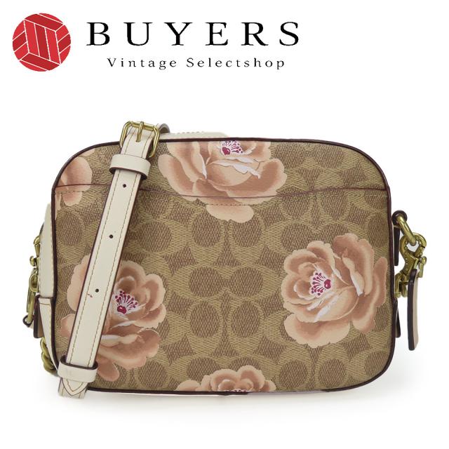 中古 コーチ ショルダーバッグ 31695 シグネチャー レザー ベージュ アイボリー ゴールド金具 フラワーモチーフ カメラバッグ 斜め掛け レディース 女性 COACH