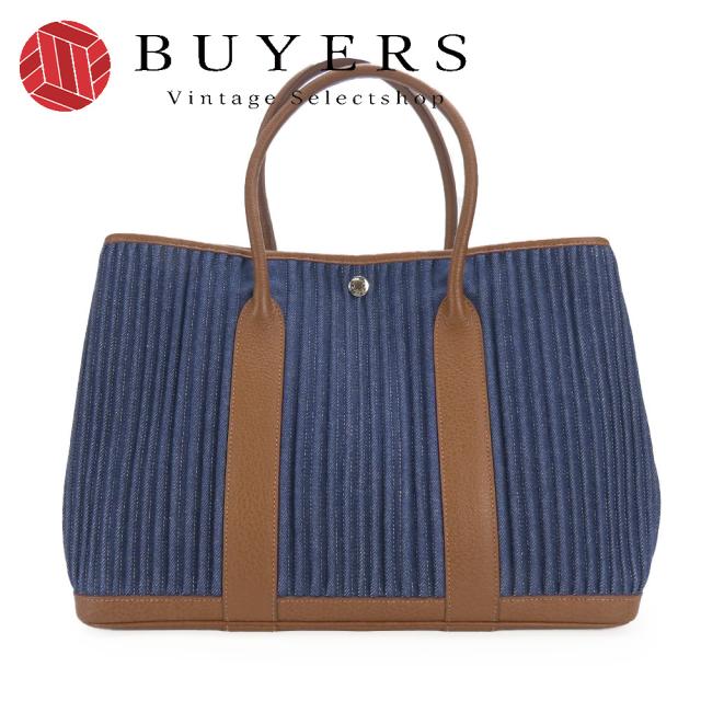 中古 エルメス トートバッグ ガーデンパーティPM デニム レザー パルブルーインディゴ インディアンブラウン シルバー金具 □L刻印 プリーツ レディース メンズ HERMES