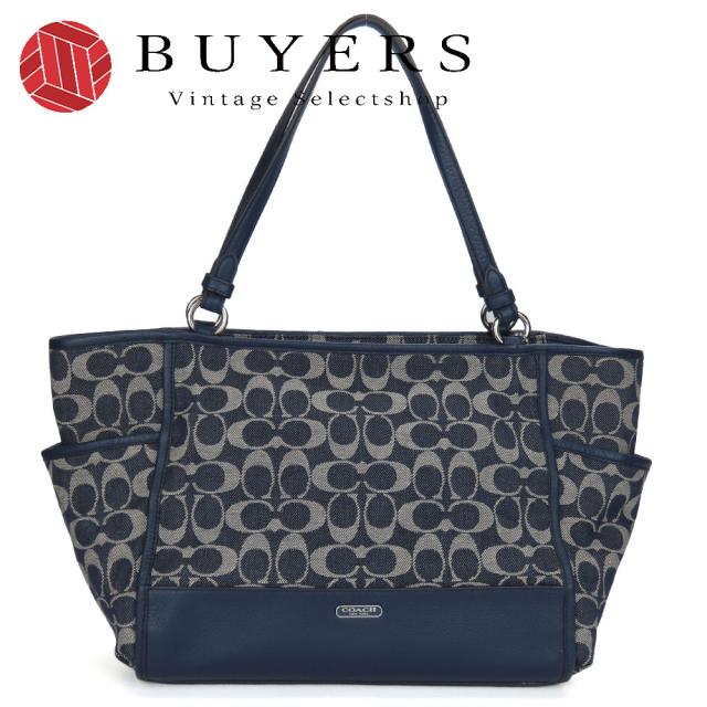 中古 コーチ トートバッグ F32622 シグネチャー キャンバス レザー ネイビー シルバー金具 肩掛け カジュアル レディース 女性 COACH