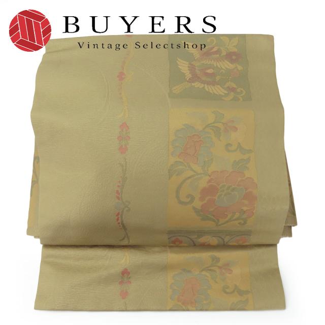 中古 その他帯 文化帯 正絹(金銀糸除く) うぐいす色 くすみ色 マルチカラー 造り帯 お太鼓 モダン 和装 呉服 和服 きもの レディース 女性