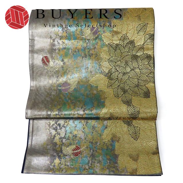 中古 袋帯 正絹(金銀糸除く) シルバー ゴールド グリーン 箔 和装 呉服 和服 きもの レディース 女性